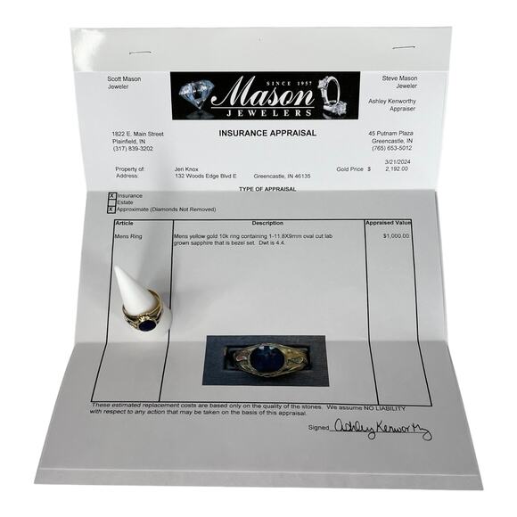 10K Gold BLUE SAPPHIRE RING Mens Size 10 Oval 8x9mm Bezel Set Lab Grown Gemstone - Picture 9 of 10